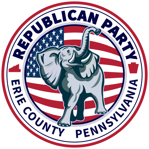 Erie County Republican Party seal featuring an elephant in front of the American flag